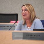 School Board Member Kelley Cizek speaks during a meeting of the Kenai Peninsula Borough School District School Board in Soldotna, Alaska, on Monday, April 1, 2024. (Jake Dye/Peninsula Clarion)
