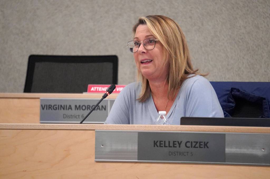 School Board Member Kelley Cizek speaks during a meeting of the Kenai Peninsula Borough School District School Board in Soldotna, Alaska, on Monday, April 1, 2024. (Jake Dye/Peninsula Clarion)