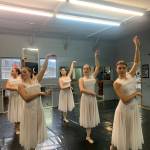 The Swan Corps, including dancers Aria Palma, Piper Arno, Isabelle Ostler, Brenda Pennington and Aurora Springer, rehearse on Thursday, April 4, 2024 at the Art Barn in Homer, Alaska for the Motivity Dance Schools upcoming performance of the Swan Lake ballet. Photo provided by Breezy Berryman
