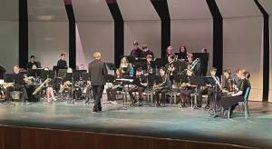 Photo by Emilie Springer
Homer High School and Soldotna High School gather for a collaborative jazz band concert on Wednesday April 10 in the Mariner Theatre.