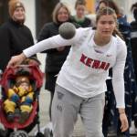 Kenai Centrals Emma Beck competes in the shot put Saturday, April 20, 2024, at the Soldotna Invitational at Soldotna High School in Soldotna, Alaska. (Photo by Jeff Helminiak/Peninsula Clarion)