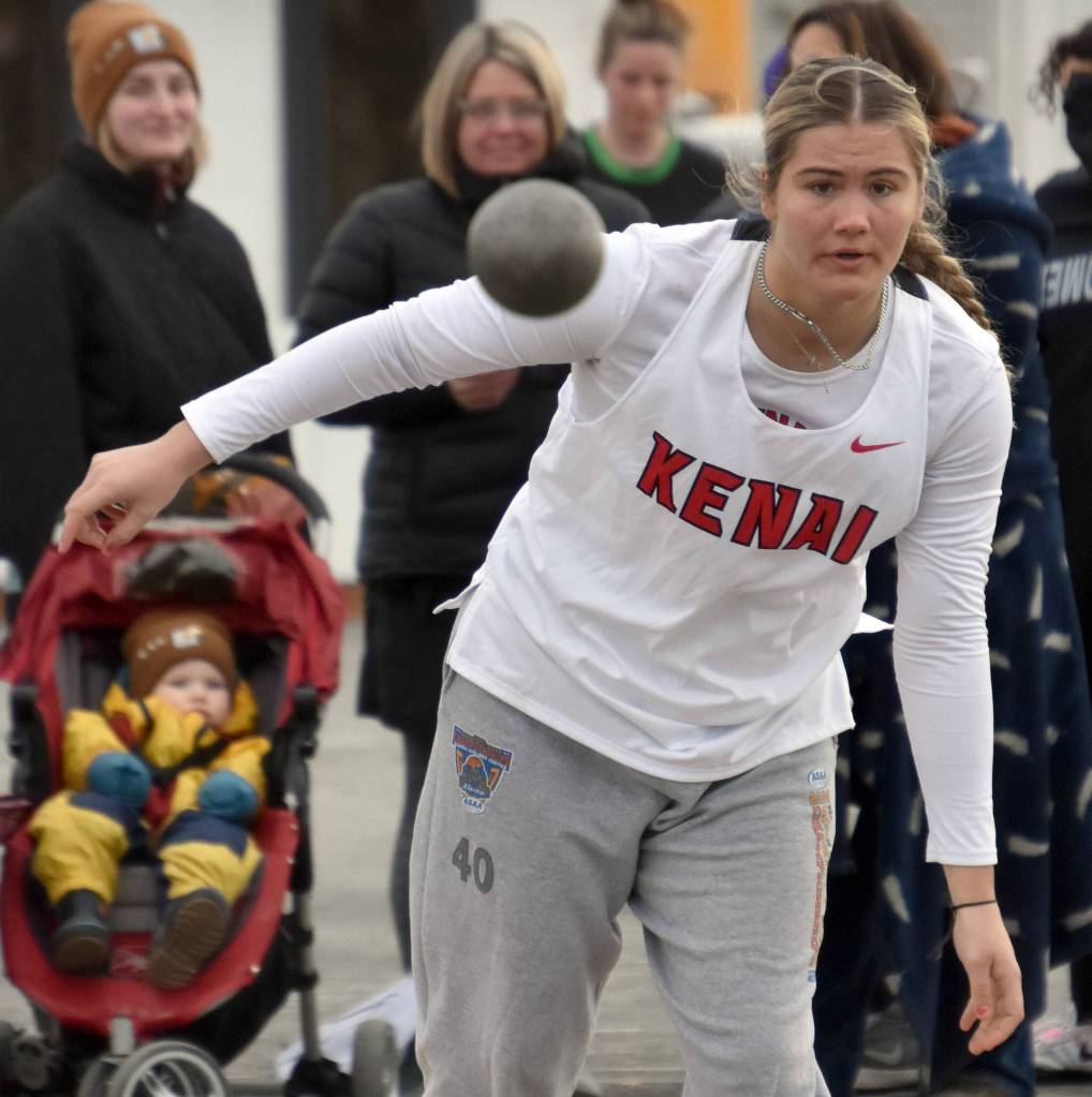 Kenai Centrals Emma Beck competes in the shot put Saturday, April 20, 2024, at the Soldotna Invitational at Soldotna High School in Soldotna, Alaska. (Photo by Jeff Helminiak/Peninsula Clarion)