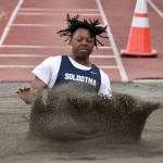 Soldotnas Andon Wolverton competes in the long jump Saturday, April 20, 2024, at the Soldotna Invitational at Soldotna High School in Soldotna, Alaska. (Photo by Jeff Helminiak/Peninsula Clarion)