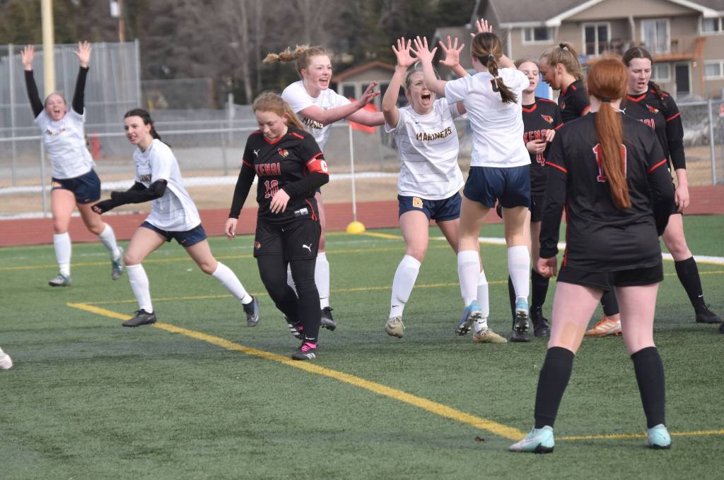 Homers Minadora Reutov (6) celebrates her goal against Kenai Central on Tuesday, April 16, 2024, at Ed Hollier Field at Kenai Central High School in Kenai, Alaska. (Photo by Jeff Helminiak/Peninsula Clarion)