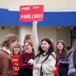 Students of Soldotna High School stage a walkout in protest of the veto of Senate Bill 140 in front of their school in Soldotna, Alaska, on Wednesday, April 17, 2024. (Jake Dye/Peninsula Clarion)
