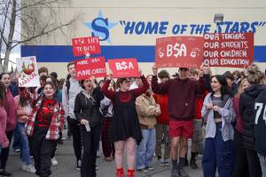 Jake Dye/Peninsula Clarion
Students of Soldotna High School stage a walkout in protest of the veto of Senate Bill 140 in front of their school in Soldotna, Alaska, on Wednesday, April 17, 2024.