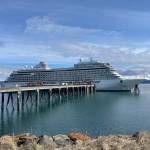 The Regent Seven Seas Explorer Cruise Ship arrives at the Deep Water Dock from Japan on Wednesday, April 24, 2024 in Homer, Alaska. (Emilie Springer/Homer News)