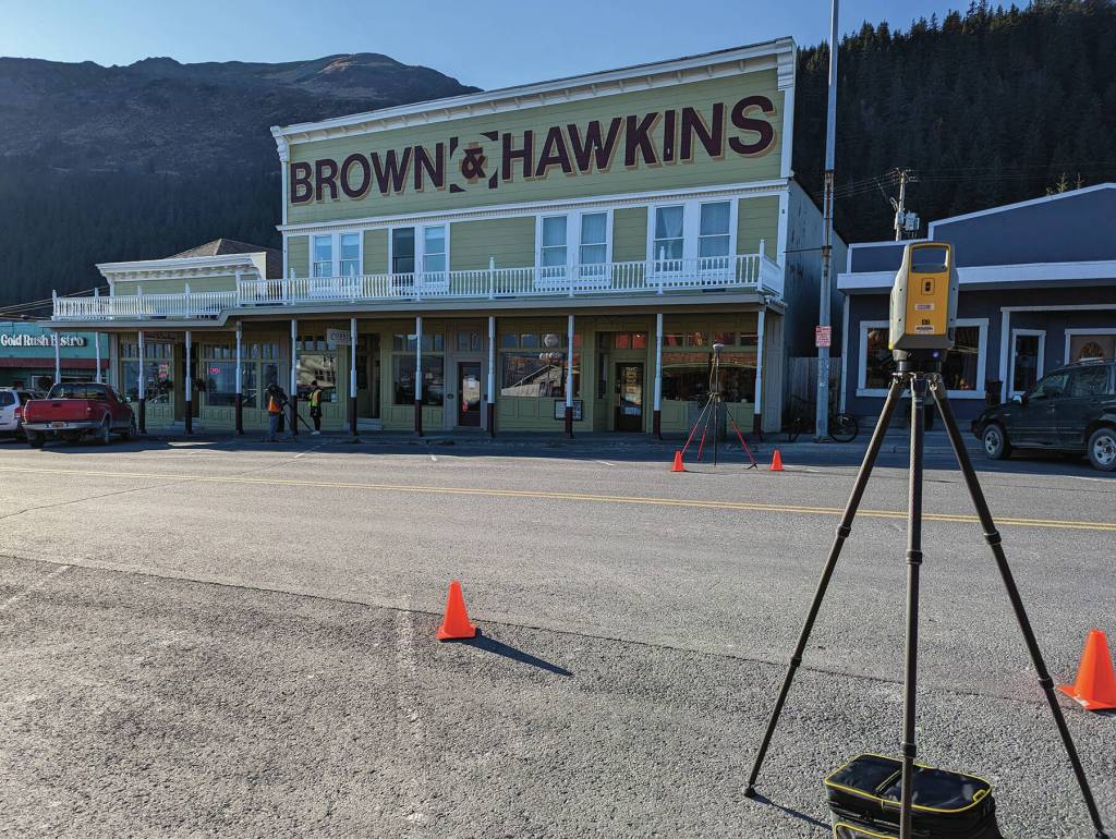 Brown and Hawkins Building in Seward with architectural survey equipment.  Photo provided by the National Park Service.