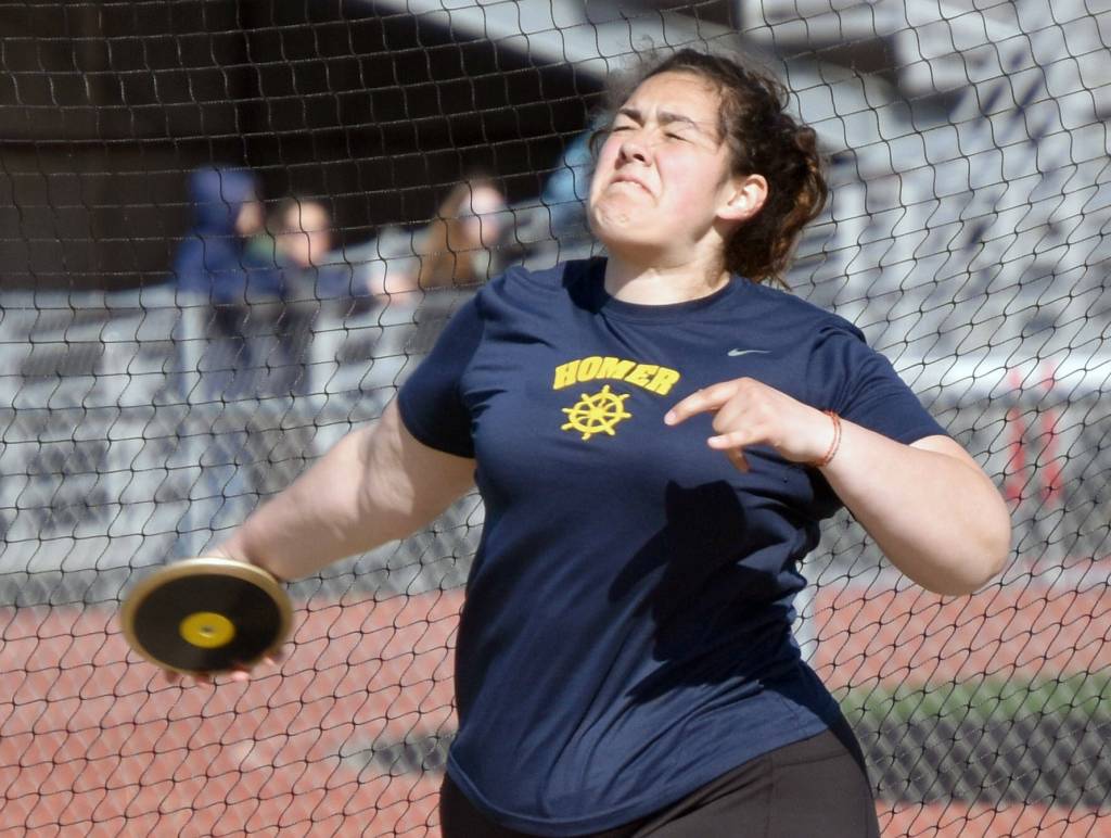 Homers Auden Cress finishes second in the discus Saturday, April 27, 2024, at the Kenai Invitational at Kenai Central High School in Kenai, Alaska. (Photo by Jeff Helminiak/Peninsula Clarion)
