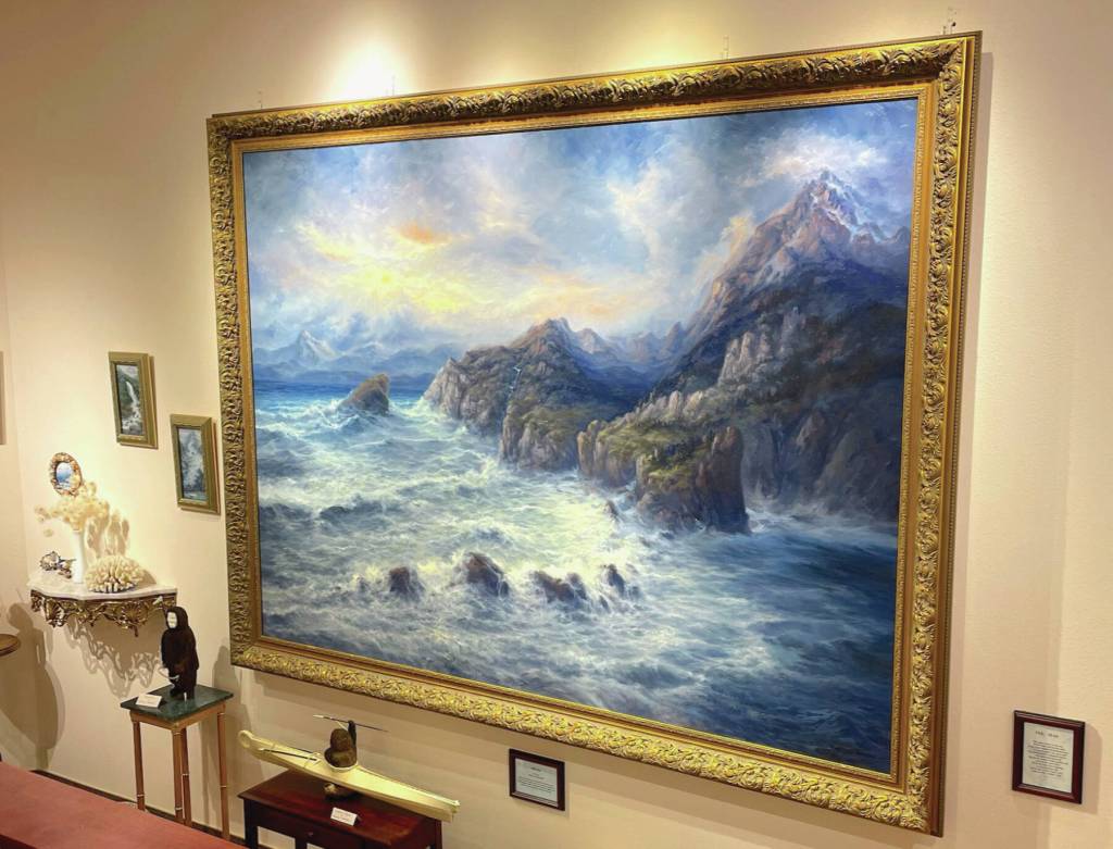 Photo courtesy Barnabus Firth, executive director of the Norman Lowell Art Gallery Foundation
Norman Lowells 72- by 96-inch painting, The Sea, is photographed May 6, 2024, at the Norman Lowell Art Gallery north of Homer. The work was based on sketches from a painting trip to the Aleutian Islands.