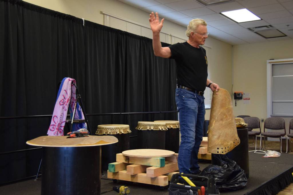Frank Jeffries explains the process for building taiko drums during the free workshop hosted at Kachemak Bay Campus on Friday, May 3, 2024 in Homer, Alaska, as part of Homers 40th anniversary celebration of their sister city relationship with Teshio, Japan. (Delcenia Cosman/Homer News)
