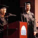 Student Services Director Sara Rinearson names Koleman McCaughey a recipient of the Staff Choice Award during the 54th Annual Kenai Peninsula College Commencement Ceremony at Kenai Central High School in Kenai, Alaska, on Thursday, May 9, 2024. (Jake Dye/Peninsula Clarion)