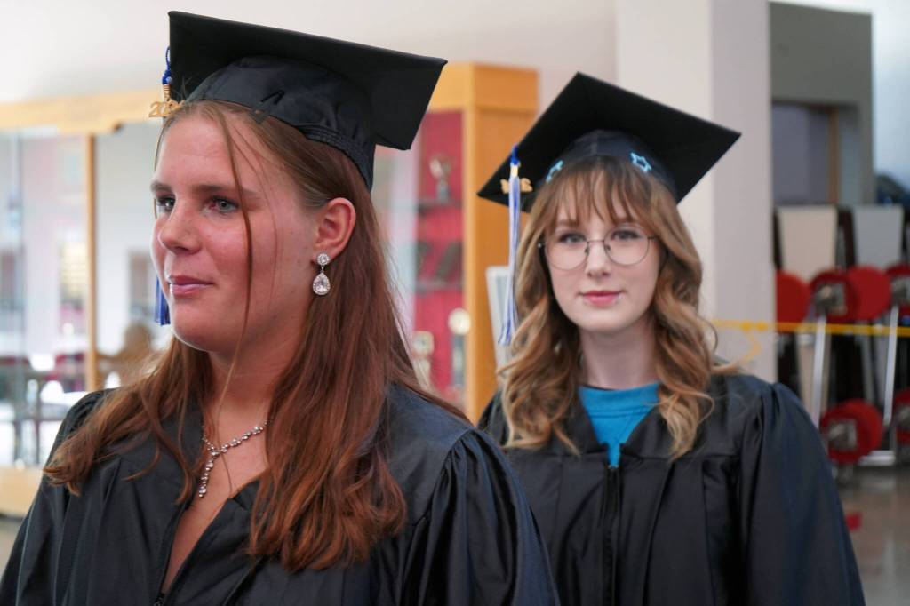Graduates of Kenai Peninsula College proceed into the 54th Annual Kenai Peninsula College Commencement Ceremony at Kenai Central High School in Kenai, Alaska, on Thursday, May 9, 2024. (Jake Dye/Peninsula Clarion)