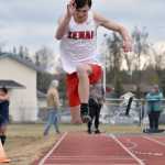 Kenai Centrals Gage Ivy competes in the triple jump Saturday, May 11, 2024, at the Kenai Peninsula Borough meet at Soldotna High School in Soldotna, Alaska. (Photo by Jeff Helminiak/Peninsula Clarion)