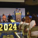 Valedictorian, Spencer Co, and salutatorian, Lucas Story, address the Homer High School graduates and crowd at the Tuesday evening commencement celebration at Homer High School, Tuesday, May 14, 2024, in Homer, Alaska. (Emilie Springer/Homer News)