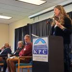 Kachemak Bay Writers Conference director Erin Coughlin Hollowell (right) welcomes attendees to the opening panel on Saturday, May 18, 2024 at Kachemak Bay Campus in Homer, Alaska. (Delcenia Cosman/Homer News)