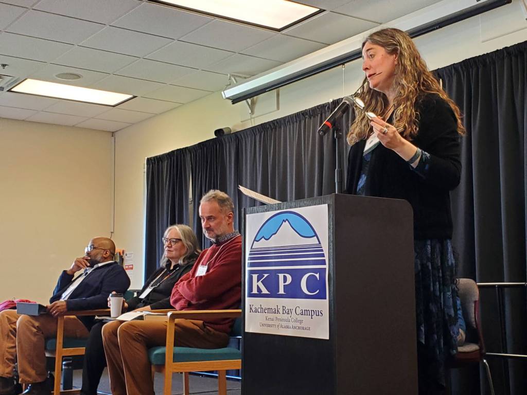 Kachemak Bay Writers Conference director Erin Coughlin Hollowell (right) welcomes attendees to the opening panel on Saturday, May 18, 2024 at Kachemak Bay Campus in Homer, Alaska. (Delcenia Cosman/Homer News)