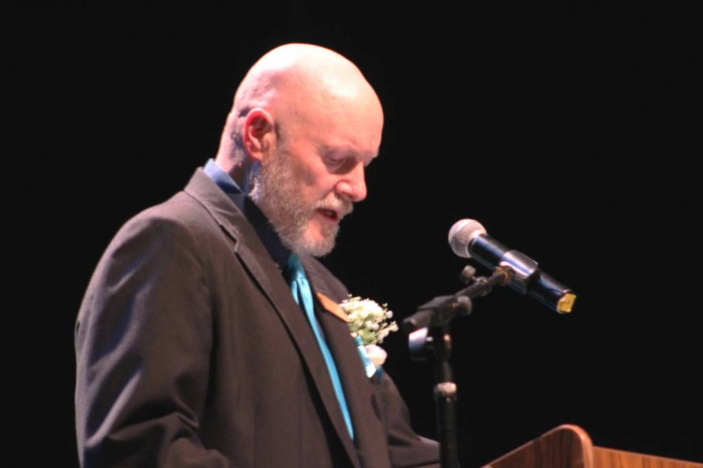 Connections Homeschool Principal Doug Hayman welcomes attendees to the schools commencement ceremony on Thursday, May 16, 2024 in Soldotna, Alaska. (Ashlyn OHara/Peninsula Clarion)