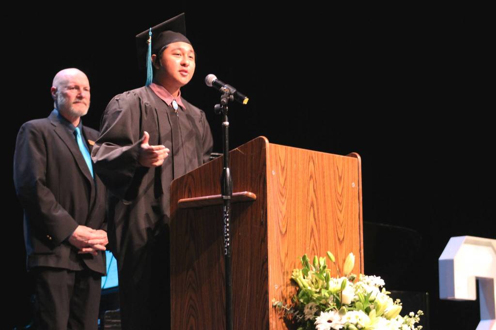 Connections Homeschool graduate Aaron Smith addresses attendees at the schools commencement ceremony on Thursday, May 16, 2024 in Soldotna, Alaska. (Ashlyn OHara/Peninsula Clarion)