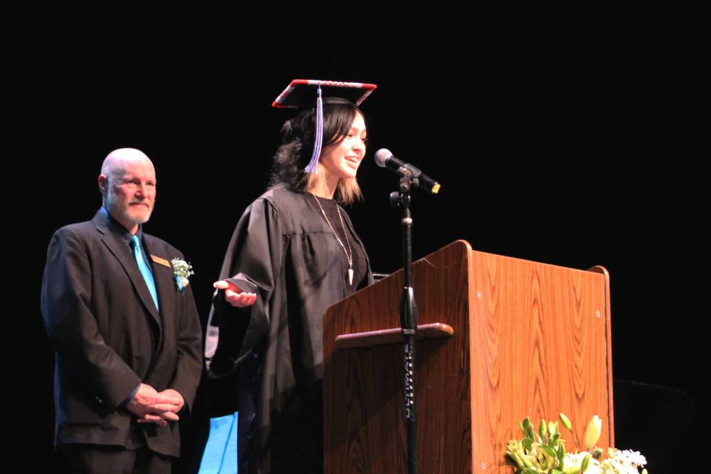 Connections Homeschool graduate Jenna Lapp addresses attendees at the schools commencement ceremony on Thursday, May 16, 2024 in Soldotna, Alaska. (Ashlyn OHara/Peninsula Clarion)