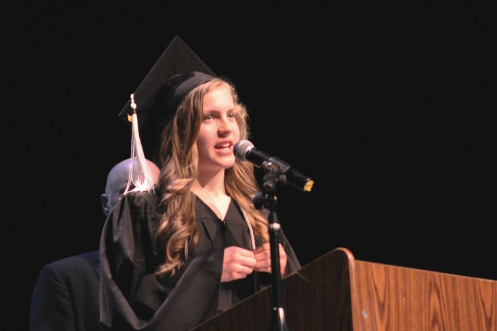 Connections Homeschool graduate Layla Triem addresses attendees at the schools commencement ceremony on Thursday, May 16, 2024 in Soldotna, Alaska. (Ashlyn OHara/Peninsula Clarion)