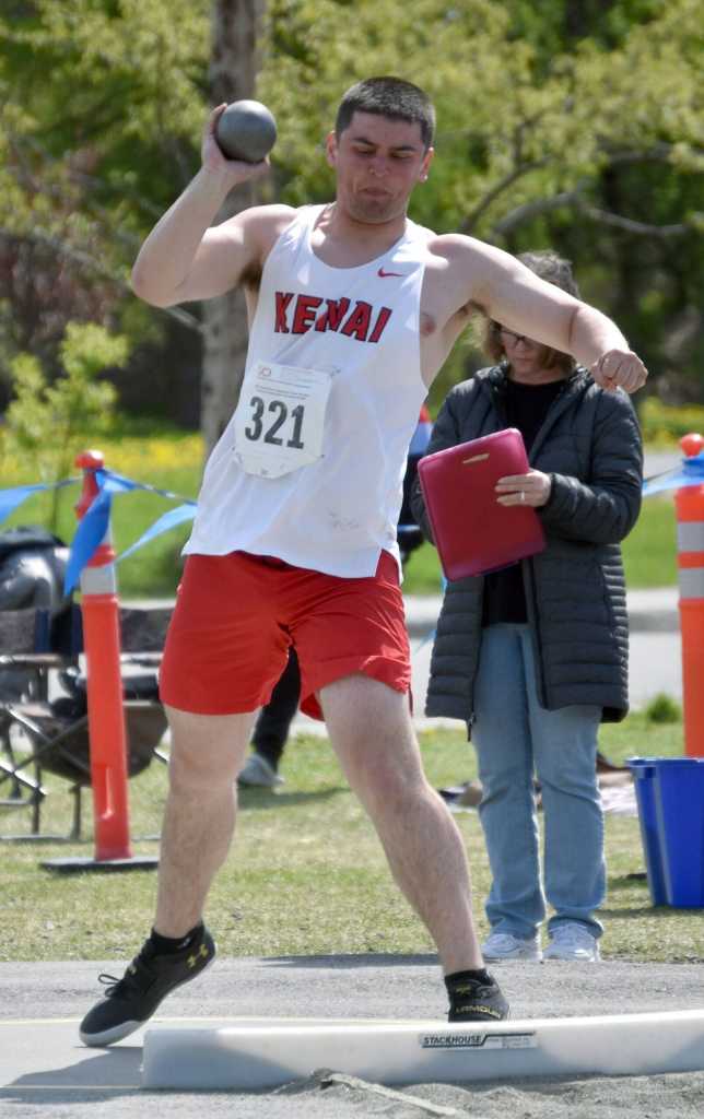 Kenai Centrals William Roberts competes in the shot put at the Division II state track and field meet Saturday, May 25, 2024, at Dimond High School in Anchorage, Alaska. Roberts won the discus the day before. (Photo by Jeff Helminiak/Peninsula Clarion)