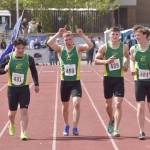 Sewards Jerick Senecal, Ronan Bickling, Gideon Schrock and Emerson Cross won the 400-meter relay at the Division II state track and field meet Saturday, May 25, 2024, at Dimond High School in Anchorage, Alaska. (Photo by Jeff Helminiak/Peninsula Clarion)