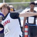 Kenai Centrals James Wright wins the shot put at the Division I state track and field meet Saturday, May 25, 2024, at Dimond High School in Anchorage, Alaska. (Photo by Jeff Helminiak/Peninsula Clarion)