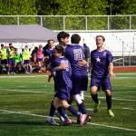 The SoHi Stars celebrate a goal by Andrew Arthur during the ASAA Division II Soccer State Championships at Veterans Memorial Field in Wasilla, Alaska, on Saturday, May 25, 2024. (Jake Dye/Peninsula Clarion)
