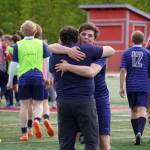 Soldotnas Gehret Medcoff celebrates winning the state title with his team during the ASAA Division II Soccer State Championships at Veterans Memorial Field in Wasilla, Alaska, on Saturday, May 25, 2024. (Jake Dye/Peninsula Clarion)