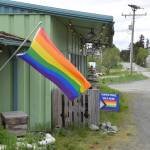 Sustainable Wares, photographed on Saturday, June 1, 2024 on Ocean Drive in Homer, Alaska, advertises Homer Pride merchandise for sale. (Delcenia Cosman/Homer News)