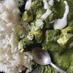 Palak tofu, served here with rice, is a vegan version of palak paneer. (Photo by Tressa Dale/Peninsula Clarion)