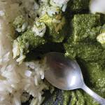 Palak tofu, served here with rice, is a vegan version of palak paneer. (Photo by Tressa Dale/Peninsula Clarion)
