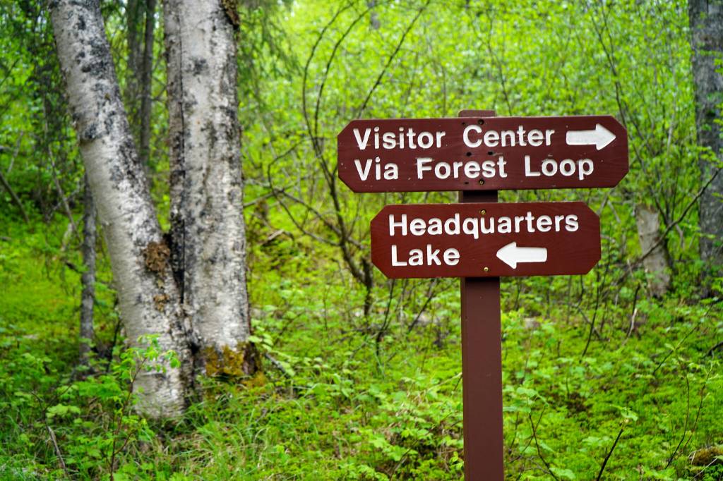 Signs direct visitors down trails at the Kenai National Wildlife Refuge near Soldotna, Alaska, on Saturday, June 1, 2024. (Jake Dye/Peninsula Clarion)
