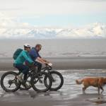 Alyssa Wood and Eric Wood ride in the Mouth to Mouth Wild Run and Ride on Monday, May 27, 2024, at the beach between the mouth of the Kasilof and Kenai rivers in Alaska. (Photo provided by Inletkeeper)