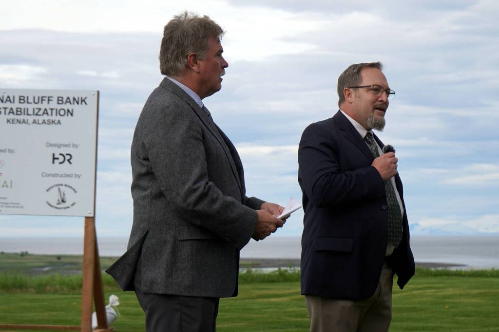 City of Kenai Mayor Brian Gabriel and City Manager Terry Eubank speak at the ribbon cutting for the Kenai River Bluff Stabilization Project on the bluff above the Kenai River in Kenai, Alaska, on Monday, June 10, 2024. (Jake Dye/Peninsula Clarion)