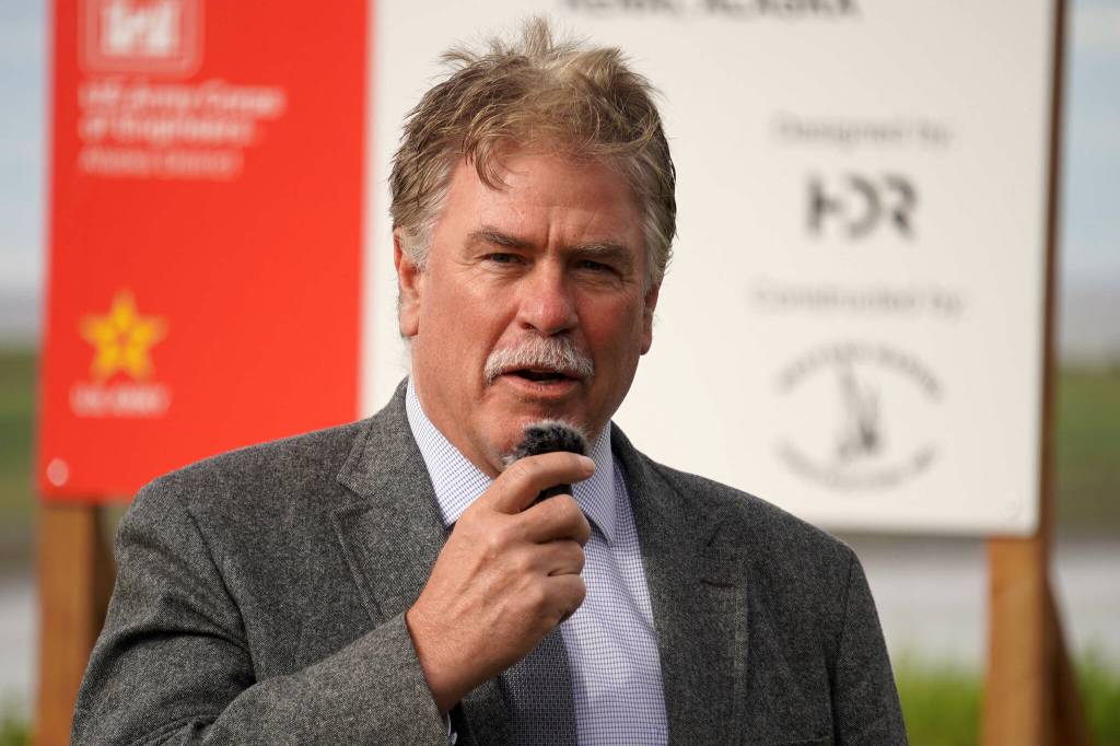 City of Kenai Mayor Brian Gabriel speaks at the ribbon cutting for the Kenai River Bluff Stabilization Project on the bluff above the Kenai River in Kenai, Alaska, on Monday, June 10, 2024. (Jake Dye/Peninsula Clarion)