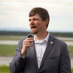 Sen. Jesse Bjorkman, R-Nikiski, speaks at the ribbon cutting for the Kenai River Bluff Stabilization Project on the bluff above the Kenai River in Kenai, Alaska, on Monday, June 10, 2024. (Jake Dye/Peninsula Clarion)