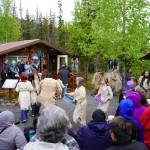 Dancers perform during a reopening celebration for the Kbeq Cultural Heritage Interpretive Site near Cooper Landing, Alaska, on Friday, June 7, 2024. (Jake Dye/Peninsula Clarion)