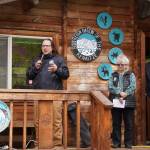 Joel Isaak speaks during a reopening celebration for the Kbeq Cultural Heritage Interpretive Site near Cooper Landing, Alaska, on Friday, June 7, 2024. (Jake Dye/Peninsula Clarion)