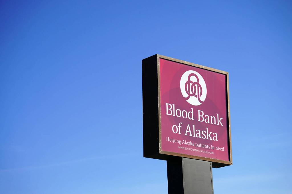 A sign for the Blood Bank of Alaskas new Kenai Peninsula center is seen in Soldotna, Alaska, on Monday, June 17, 2024. (Jake Dye/Peninsula Clarion)
