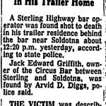 Article from the Anchorage Daily Times on Oct. 9, 1961
The murder of Jack Griffiths prompted an investigation that led within a few days to the arrest of a Kasilof man named James Franklin Bush.