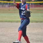 Blakeley Jorgensen of AK Riptide (U14) pitches against AK Krush (14) at the USA/Junior Olympic softball tournament at Steve Shearer Memorial Ball Park on Saturday, June 15, 2024, in Kenai, Alaska. (Photo by Jeff Helminiak/Peninsula Clarion)