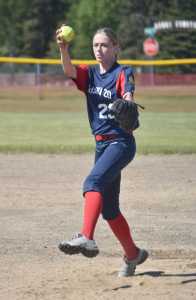 Blakeley Jorgensen of AK Riptide (U14) pitches against AK Krush (14) at the USA/Junior Olympic softball tournament at Steve Shearer Memorial Ball Park on Saturday, June 15, 2024, in Kenai, Alaska. (Photo by Jeff Helminiak/Peninsula Clarion)