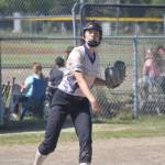 Photo by Jeff Helminiak/Peninsula Clarion
Natalie Farren of Homer Tsunami (U16) throws in time to first base against AK Krush (U14) at the USA/Junior Olympic softball tournament at Steve Shearer Memorial Ball Park on Saturday, June 15, 2024, in Kenai, Alaska.