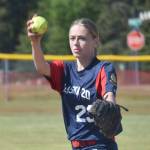 Blakeley Jorgensen of AK Riptide (U14) pitches against AK Krush (14) at the USA/Junior Olympic softball tournament at Steve Shearer Memorial Ball Park on Saturday, June 15, 2024, in Kenai, Alaska. (Photo by Jeff Helminiak/Peninsula Clarion)