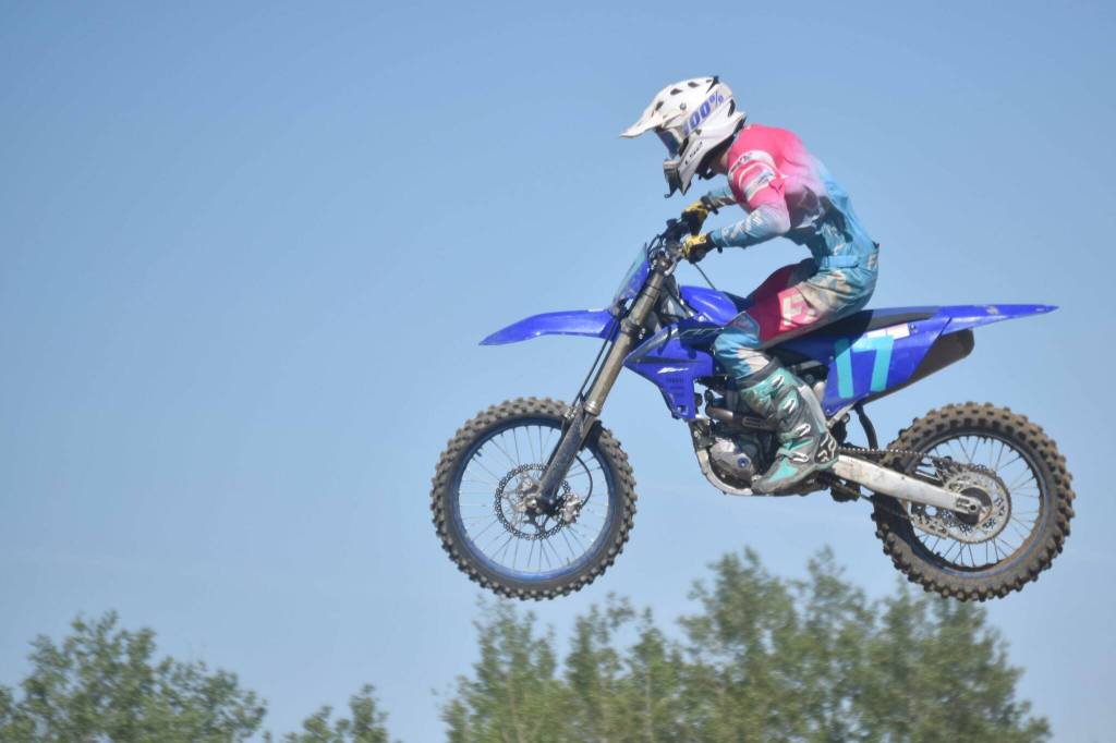 Homer's Tanner Gallios competes in 450 Expert at Alaska State Motocross Race #4 at Twin City Raceway in Kenai, Alaska, on Saturday, June 16, 2024. (Photo by Jeff Helminiak/Peninsula Clarion)