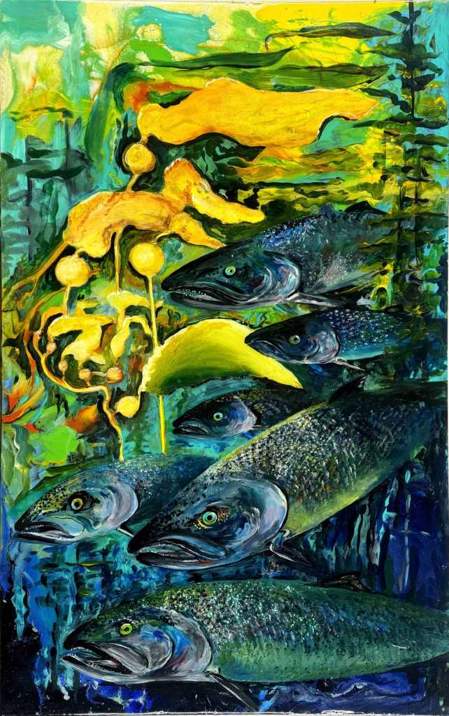 Salmon Den, an epoxy, paint and clay painting by Aadya Gray is on display at Fireweed Gallery through June 2024 in Homer, Alaska. Photo provided by Aadya Gray