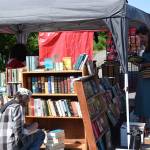 Fairgoers browse used and antique books at a vendors stall at the 2nd annual Summer Solstice Fair on Saturday, June 22, 2024, in Homer, Alaska. (Delcenia Cosman/Homer News)