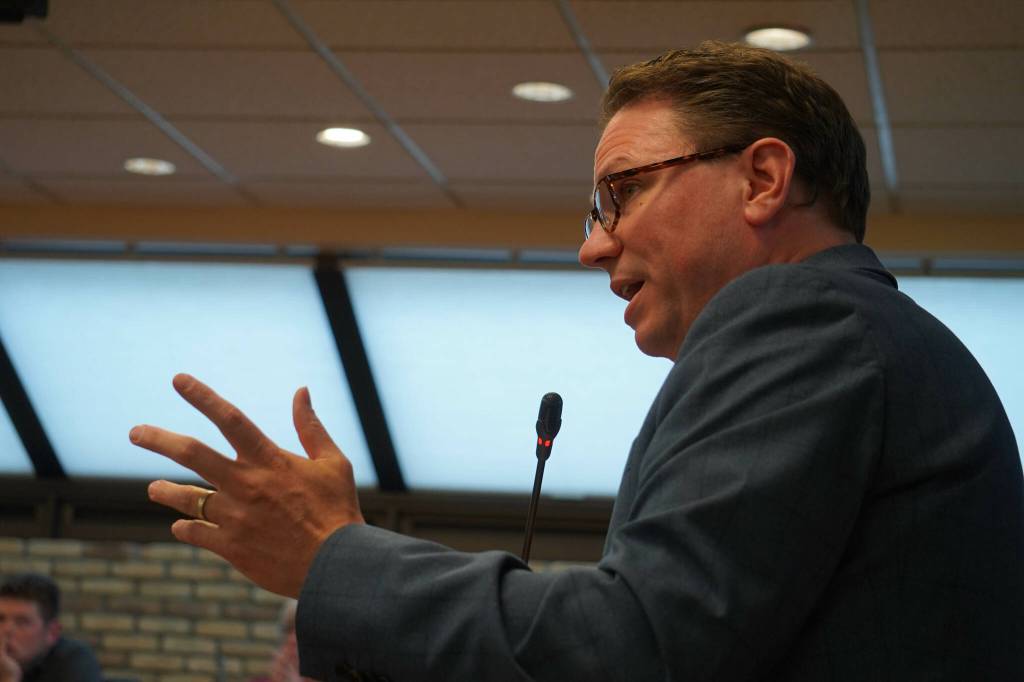 Jack Penning, managing partner at Volaire Aviation, speaks to the Kenai City Council in Kenai, Alaska, on Wednesday, June 19, 2024. (Jake Dye/Peninsula Clarion)